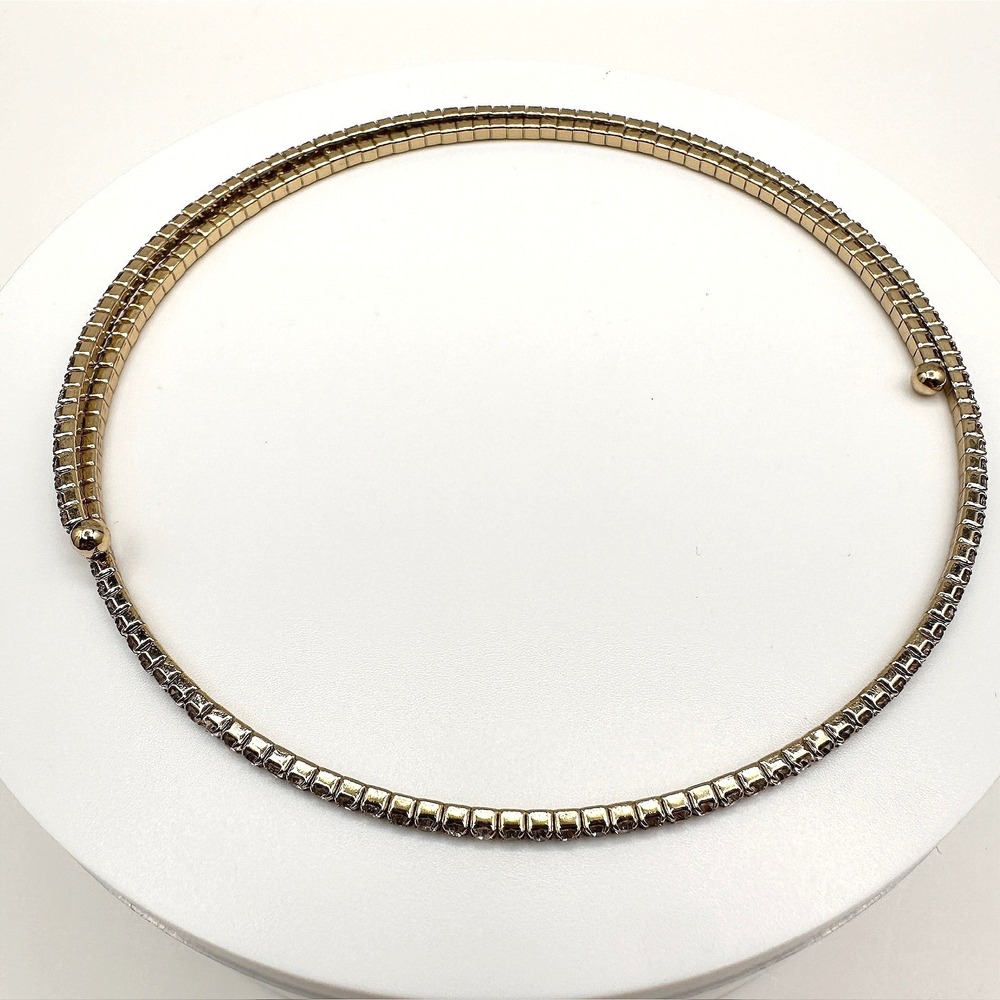 Vintage 80s Gold Tone Rhinestone Flexible Coil Wrap Choker Necklace Jewelry Boho